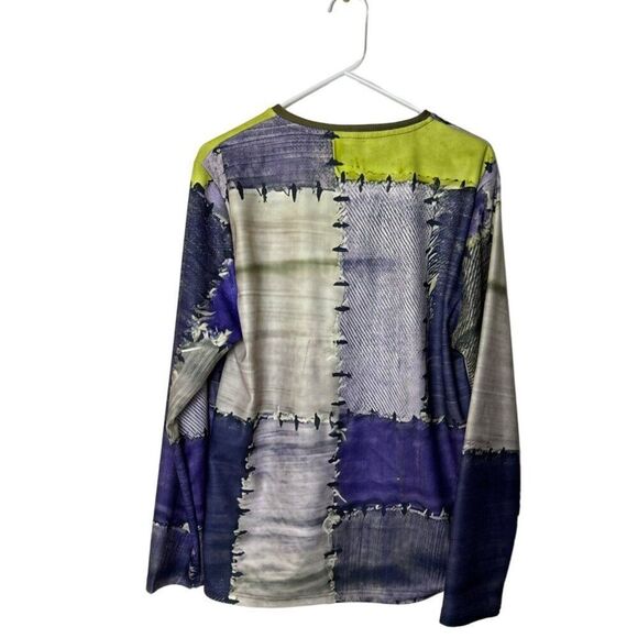 Colorful Patchwork Design Long Sleeve Henley Shirt M - Picture 2 of 5